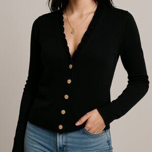 Ralph Lauren Cardigan Sweater Black Small Ruffle Trim Vneck Rib Knit Silk Blend